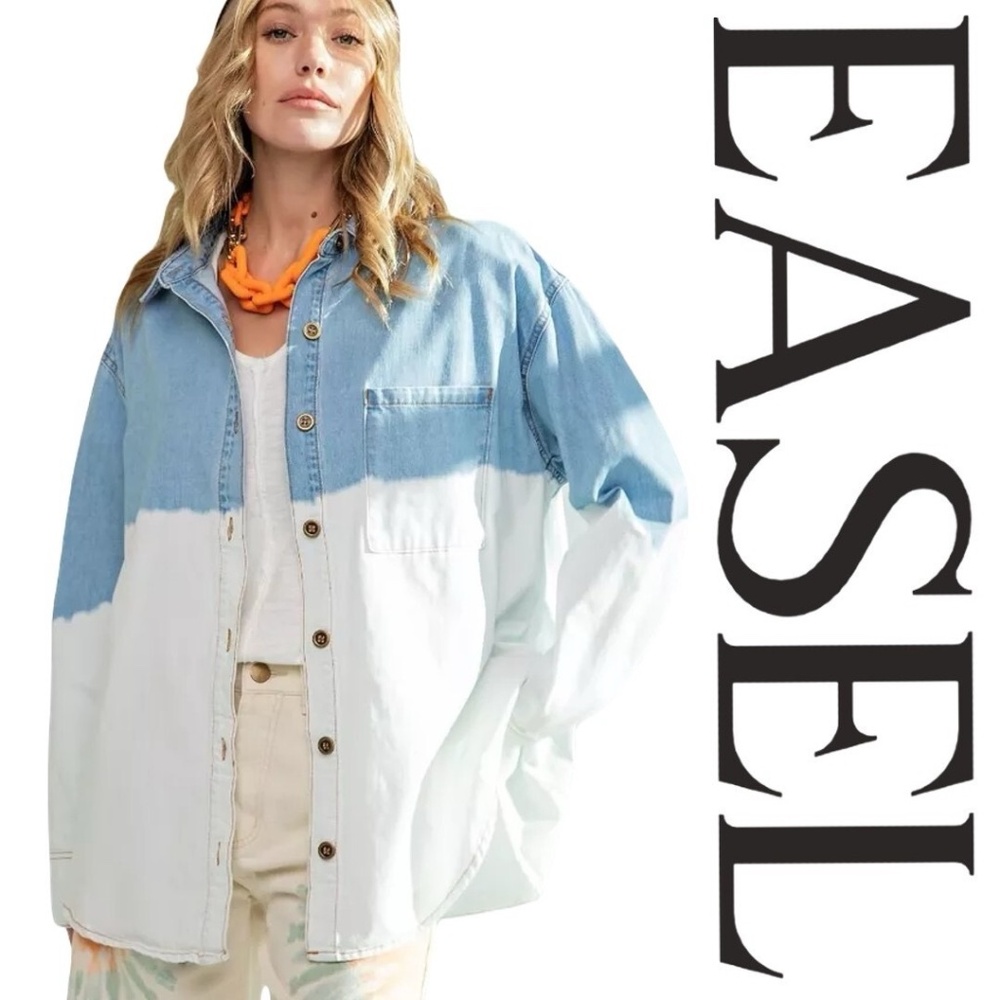 New EASEL LIGHT DENIM BUTTON UP OVERSIZED DENIM SHIRT SHACKET Small JEAN JACKET